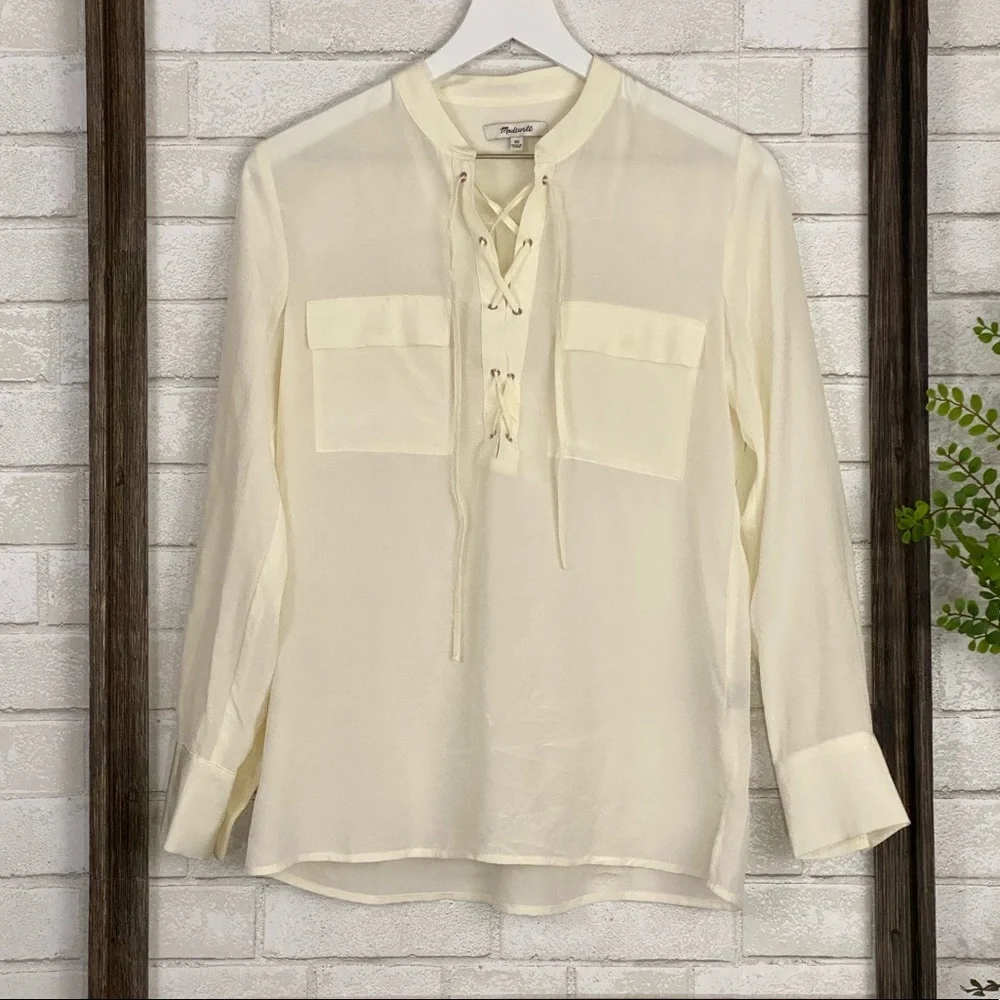 Madewell Silk Lace Up Blouse in Ivory Off-White - Picture 7 of 16